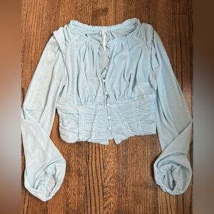 Anthropologie Blue Ruched Bib Collar Blouse Size XS